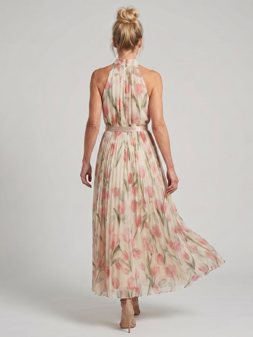 Damska Sukienka Maxi Plisowana Halter w Kwiaty