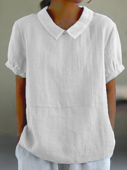 Aireada blusa de lino para mujer de manga corta con cuello abullonado