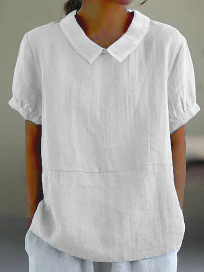 Aireada blusa de lino para mujer de manga corta con cuello abullonado