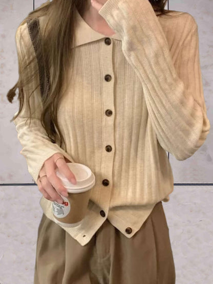 Naria - Jersey sencillo de primavera para mujer con cuello de polo y cierre de botones