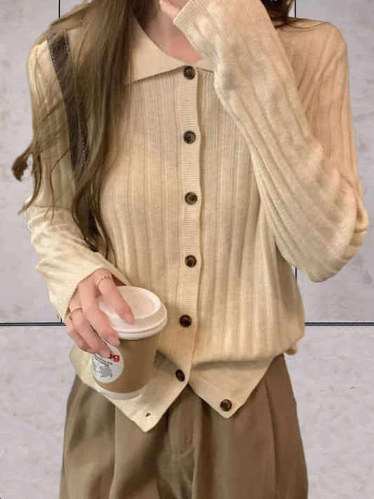 Naria - Jersey sencillo de primavera para mujer con cuello de polo y cierre de botones
