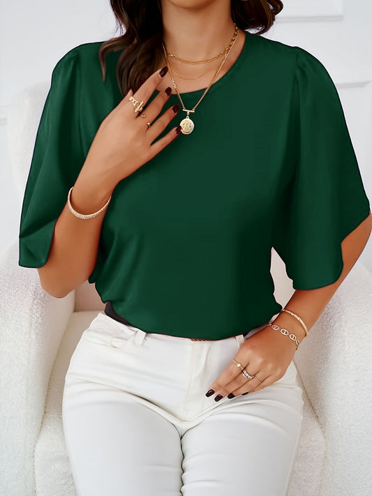 Blusa de cuello redondo - Media manga y suave tejido drapeado