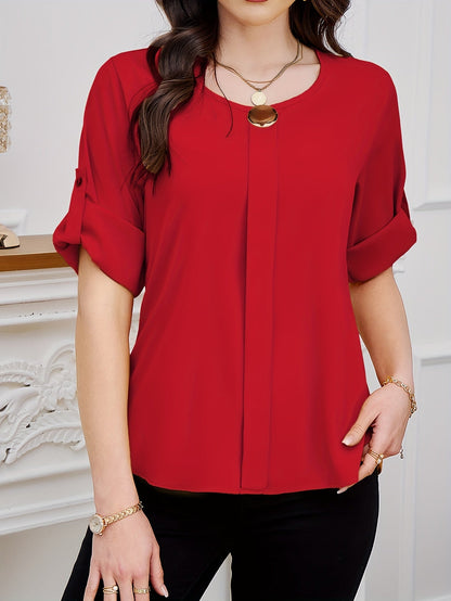 Blusa Cuello Redondo - Diseño Plissé Delantero y Mangas Cortas