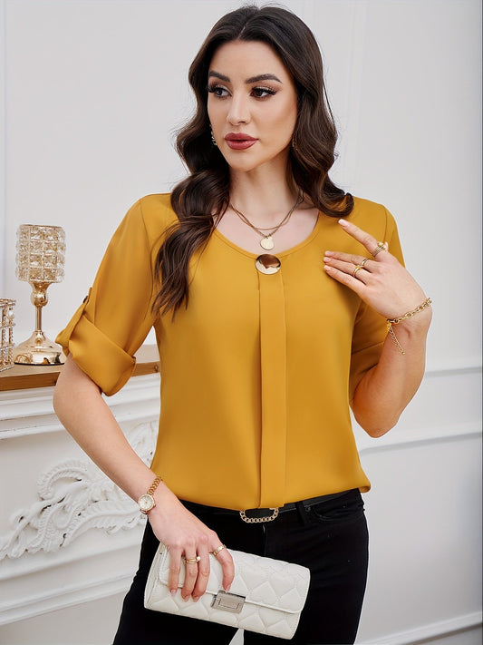Blusa Cuello Redondo - Diseño Plissé Delantero y Mangas Cortas