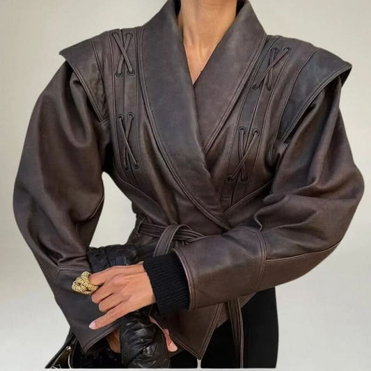 Chaqueta de piel de alta calidad con cinturón para mujer
