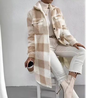 Chaqueta larga de cuadros para mujer