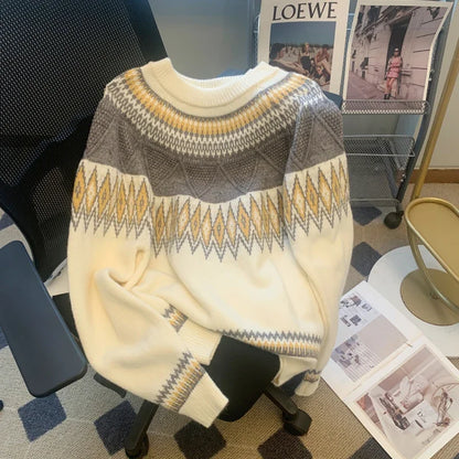Melitta | Cálido jersey de punto con escote redondo y patchwork vintage para mujer
