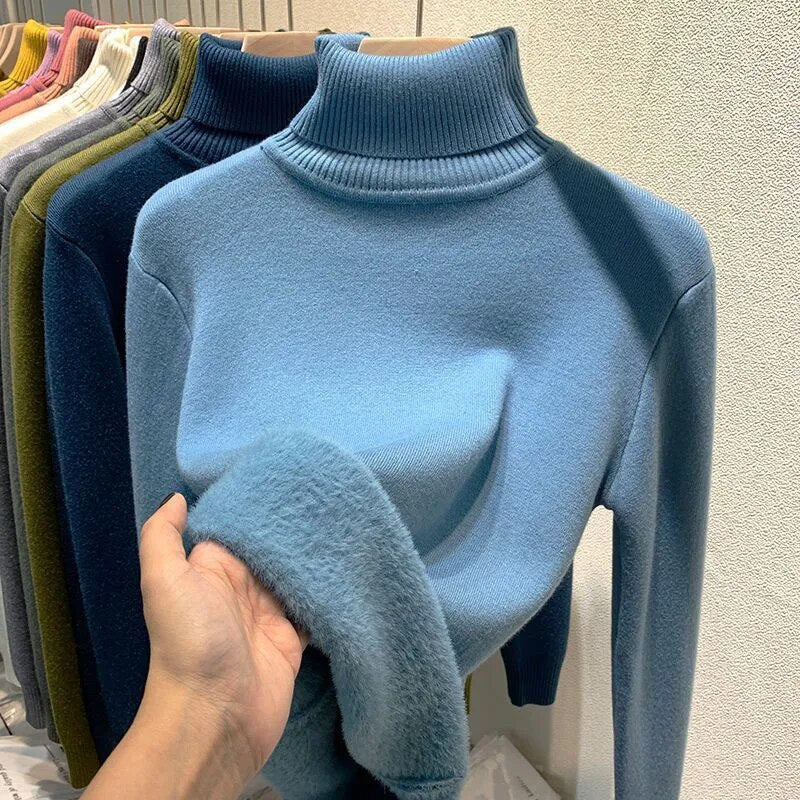 Jersey de cuello alto con forro de terciopelo para mujer