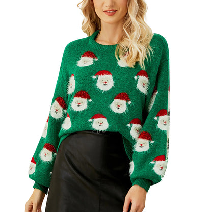 Klara | Cálido jersey de punto con escote redondo y cabeza de Papá Noel de patchwork para mujer
