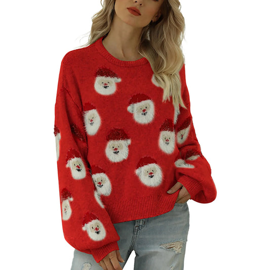 Klara | Cálido jersey de punto con escote redondo y cabeza de Papá Noel de patchwork para mujer