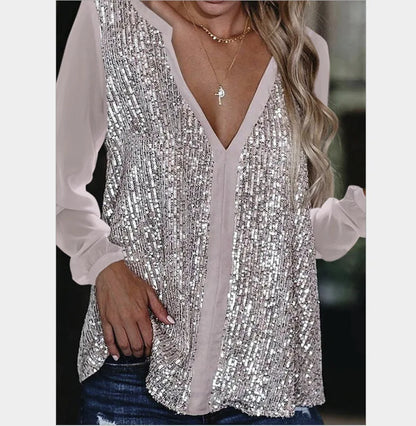 Vera | Blusa Holgada con Cuello en V y Lentejuelas para Mujer