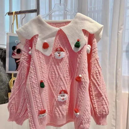 Hannes | Cálido jersey de punto con escote pop y figuras navideñas de ganchillo para mujer