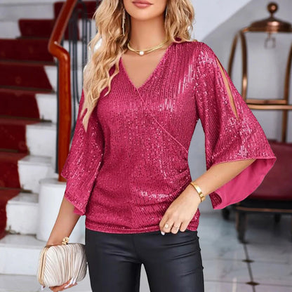 Larissa | Blusa Chic Paillettes Cuello en V con Mangas Acampanadas