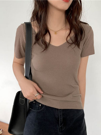 Verano V-Cuello acanalado Slim Fit Camiseta | Manga corta de punto jersey