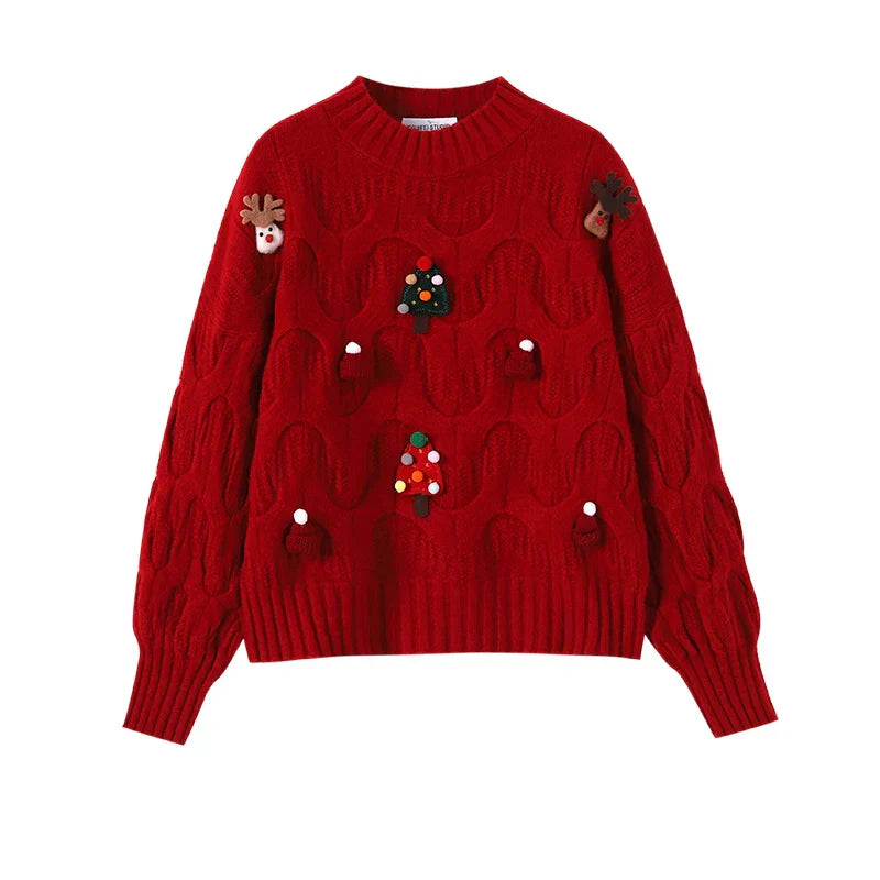Dragana | Cálido jersey de punto con escote redondo y figuras navideñas en relieve para mujer