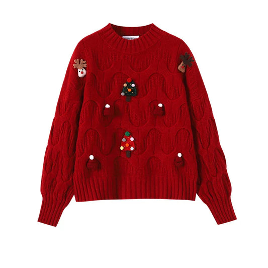 Dragana | Cálido jersey de punto con escote redondo y figuras navideñas en relieve para mujer