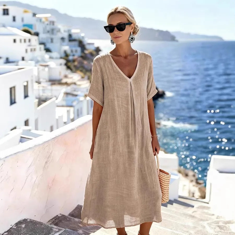 Damska sukienka midi z dekoltem V typu kaftan
