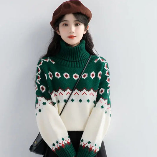 Ursula | Cálido jersey de punto con cuello alto y patchwork vintage para mujer
