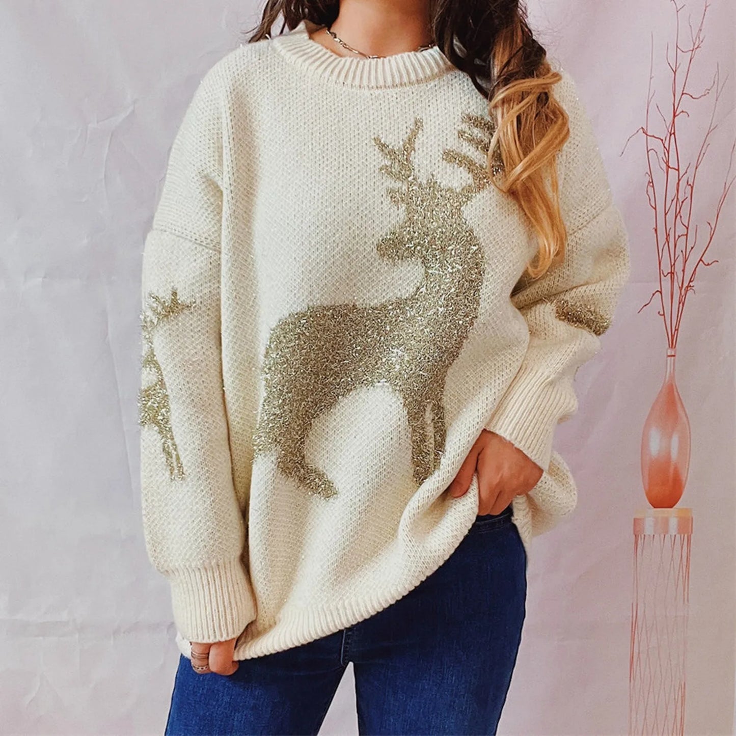 Eileen | jersey de punto con escote redondo y ciervo navideño para mujer