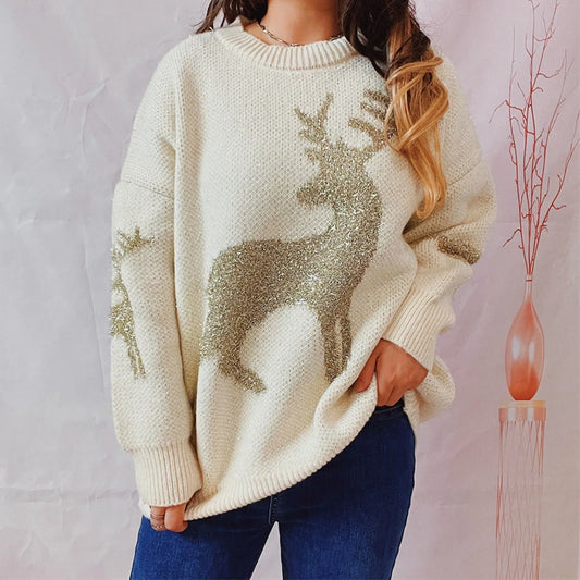 Eileen | jersey de punto con escote redondo y ciervo navideño para mujer