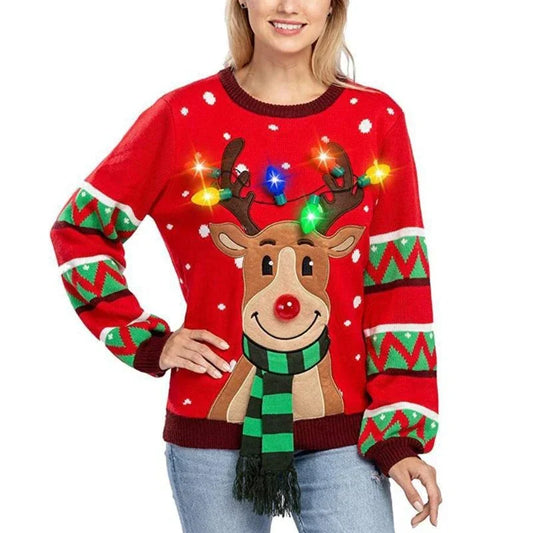 Maren | Jersey de punto con reno navideño caricaturizado y luces LED para mujer