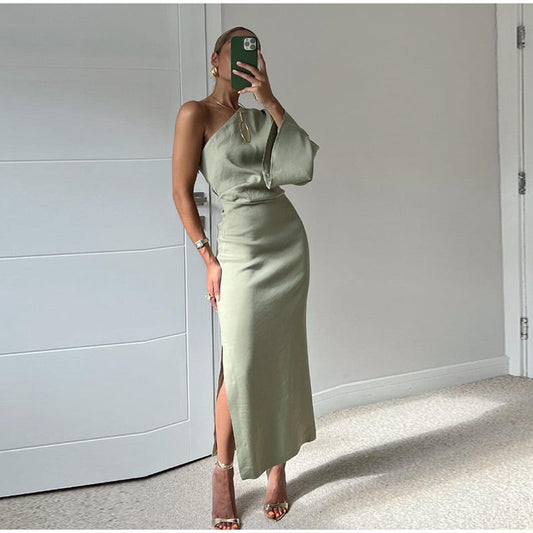 Elegante vestido midi con manga larga y ancha sencilla