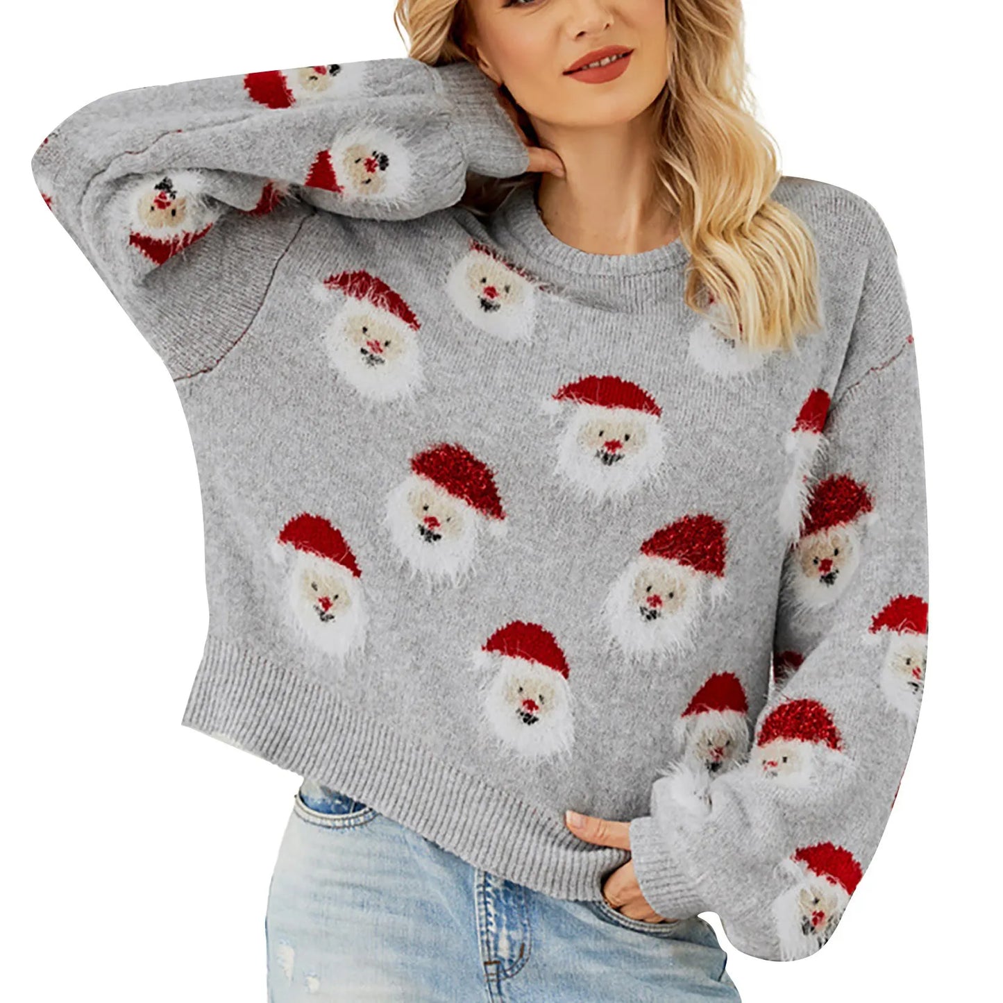 Klara | Cálido jersey de punto con escote redondo y cabeza de Papá Noel de patchwork para mujer
