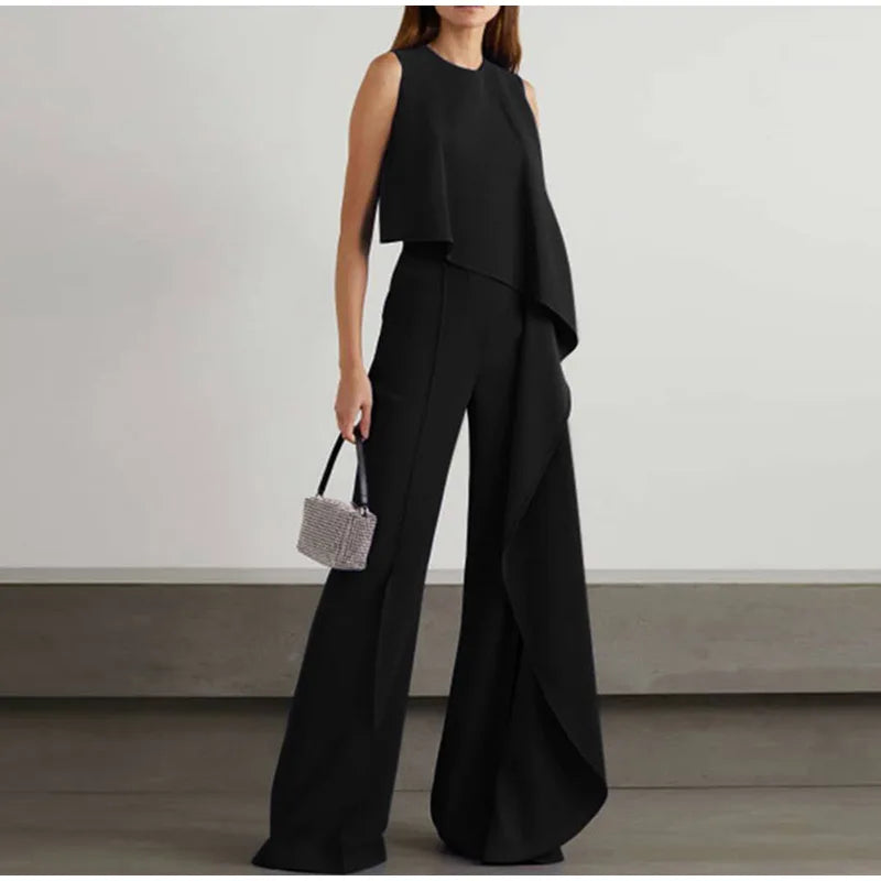 Pantalón casual sin mangas de corte recto con parte delantera ajustada y perneras anchas para mujer