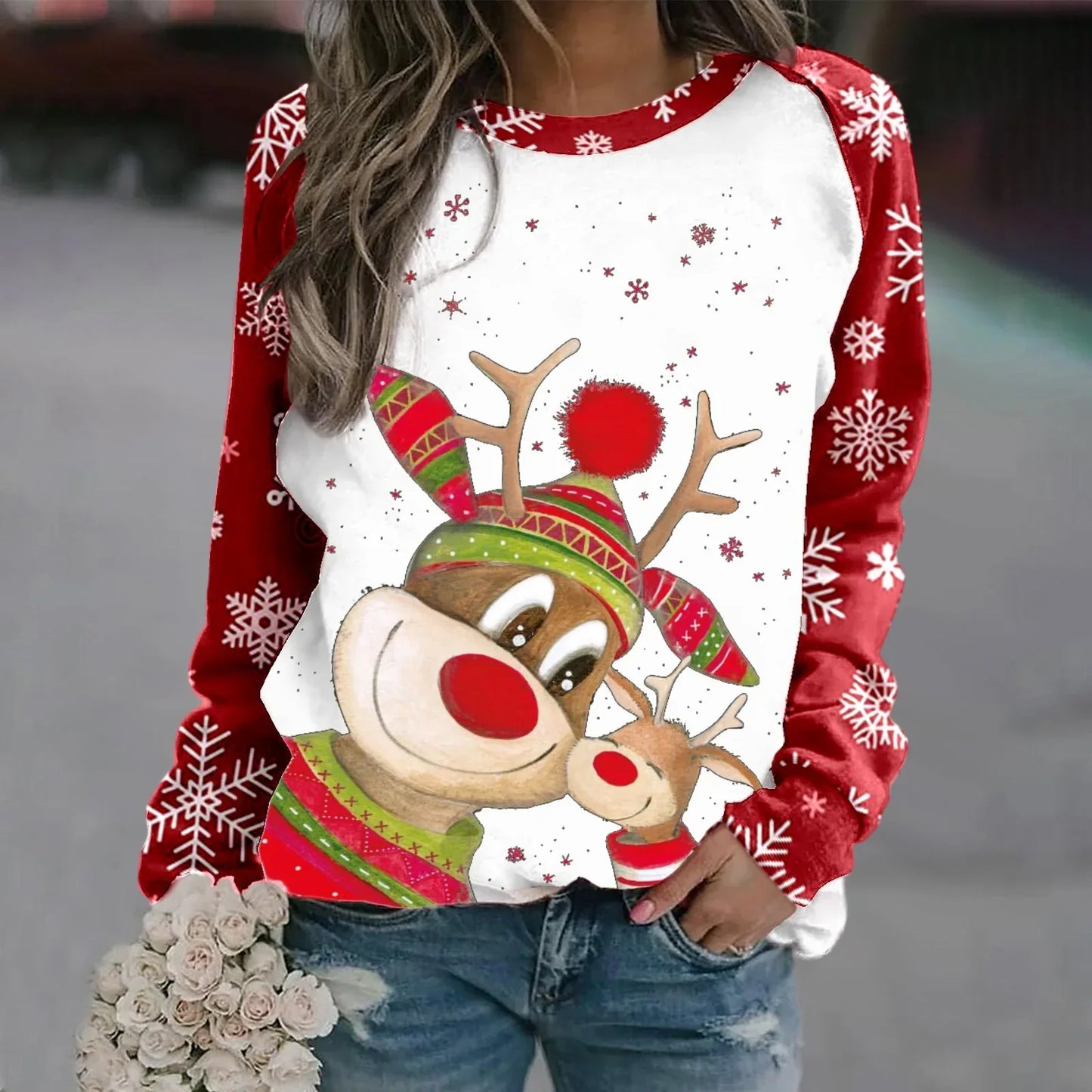 Romina | Cálido jersey con escote redondo y reno navideño estampado en 3D para mujer