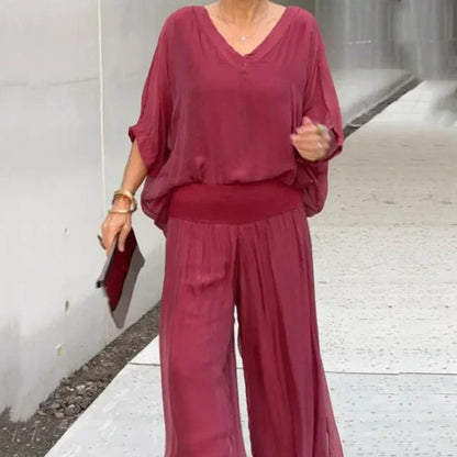 Elegante top de gasa con pantalón-conjunto de dos piezas