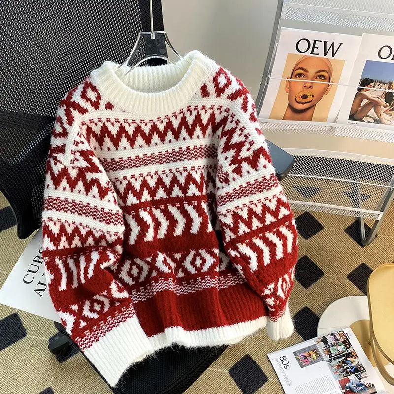Nina | Jersey de punto grueso con escote redondo y motivos navideños a rayas para mujer