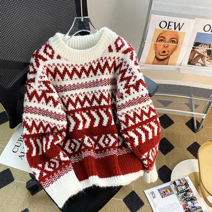 Nina | Jersey de punto grueso con escote redondo y motivos navideños a rayas para mujer