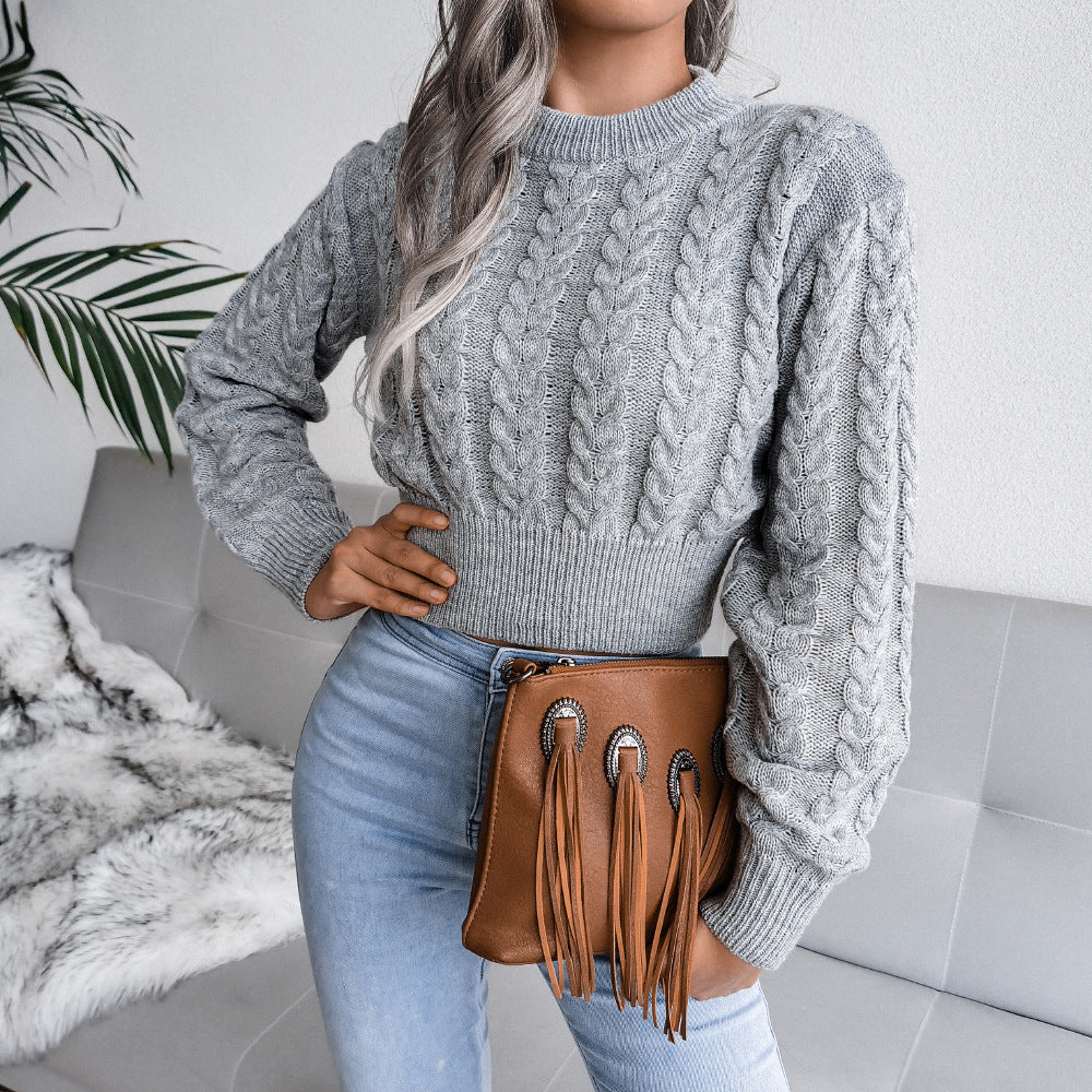 Mila - Elegante y cómodo jersey corto gris de mujer con estampado