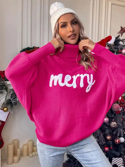 Ines | Jersey de punto de manga murciélago con cuello alto y letras "Merry" en relieve para mujer
