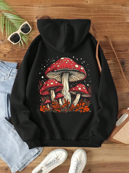 Sudadera gráfica con capucha Rosabel roja con personalidad de seta para mujer