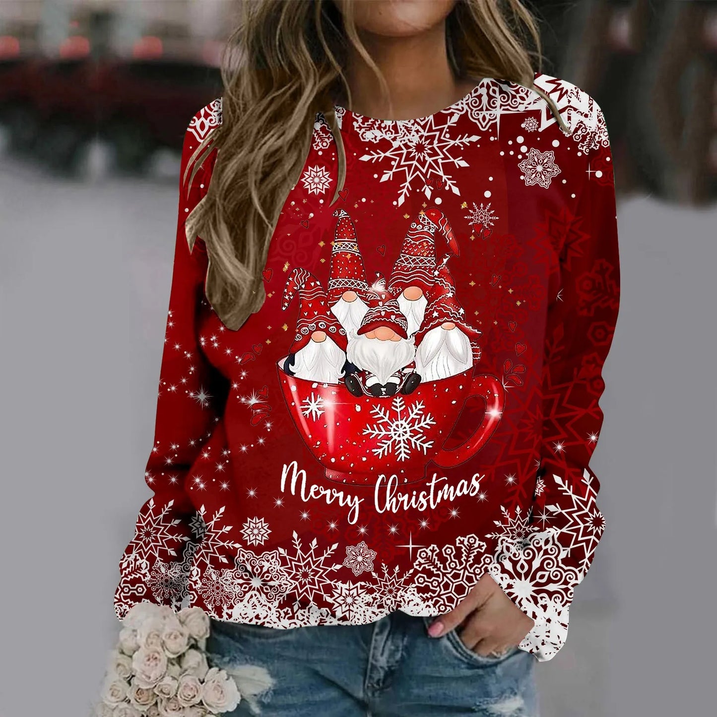 Zorana | Cálido jersey con escote redondo y estampado Merry Christmas para mujer