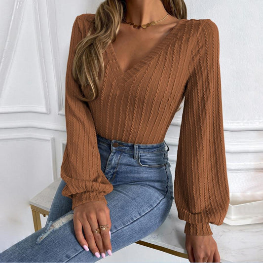 Lena | Elegante top de punto con cuello en V y manga larga para mujer
