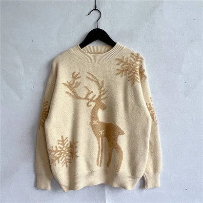 Manuela | Cálido jersey de punto con escote redondo y estampado de ciervos y copos de nieve para mujer