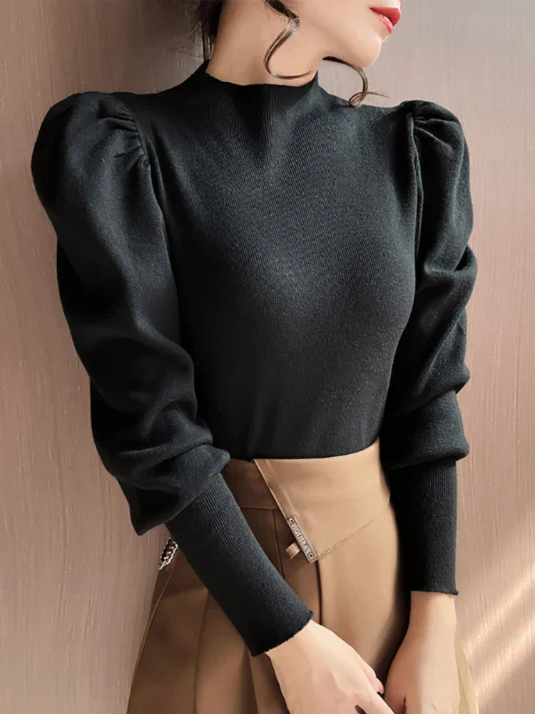 Blusa de cuello redondo y manga larga abullonada para mujer