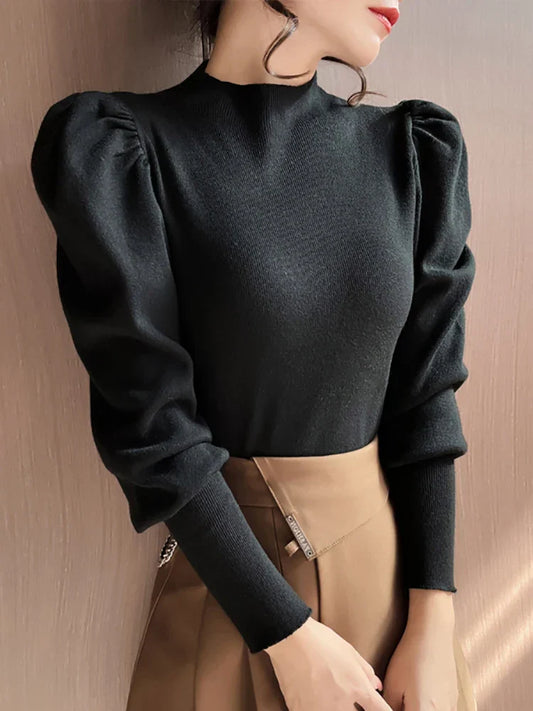Blusa de cuello redondo y manga larga abullonada para mujer