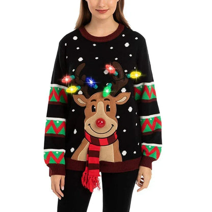 Maren | Jersey de punto con reno navideño caricaturizado y luces LED para mujer