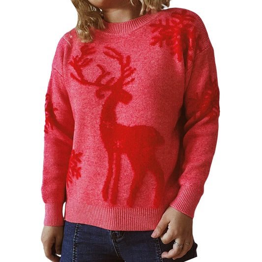 Petra | Cálido jersey de punto con escote redondo y estampado navideño de alces para mujer