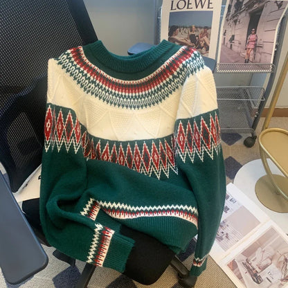 Melitta | Cálido jersey de punto con escote redondo y patchwork vintage para mujer