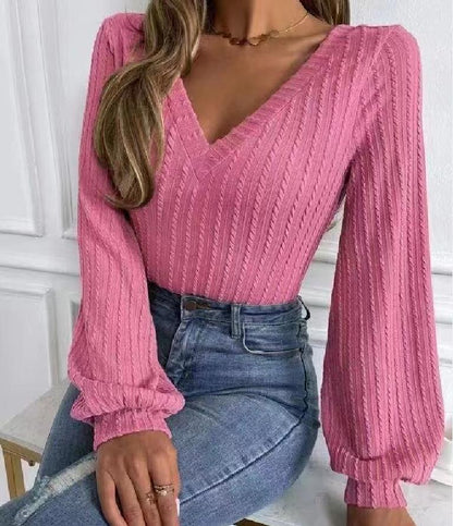 Lena | Elegante top de punto con cuello en V y manga larga para mujer