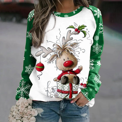Romina | Cálido jersey con escote redondo y reno navideño estampado en 3D para mujer