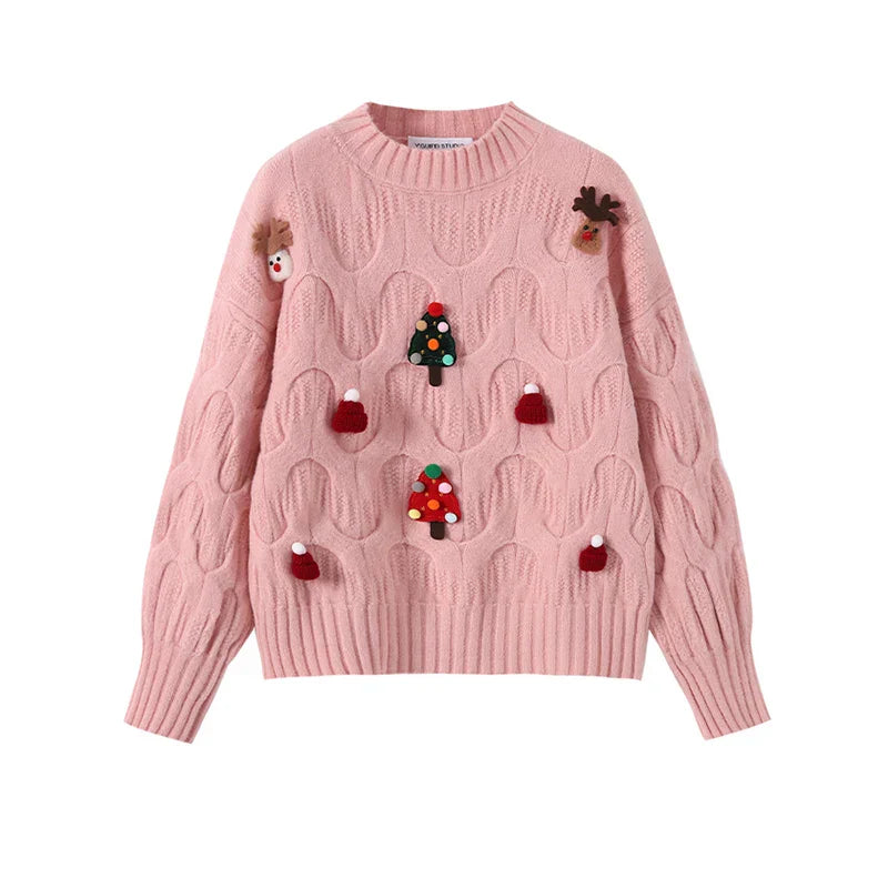 Dragana | Cálido jersey de punto con escote redondo y figuras navideñas en relieve para mujer