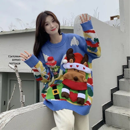 Lisa | Jersey de punto oversize con escote redondo y alce navideño en relieve muñeco de nieve para mujer