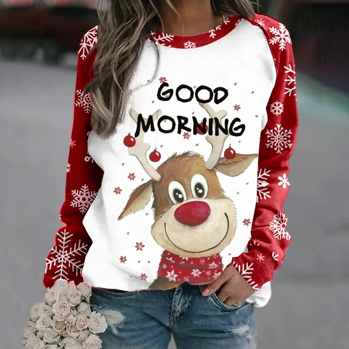 Romina | Cálido jersey con escote redondo y reno navideño estampado en 3D para mujer