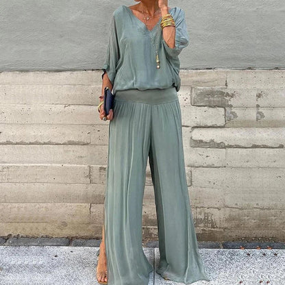 Elegante top de gasa con pantalón-conjunto de dos piezas