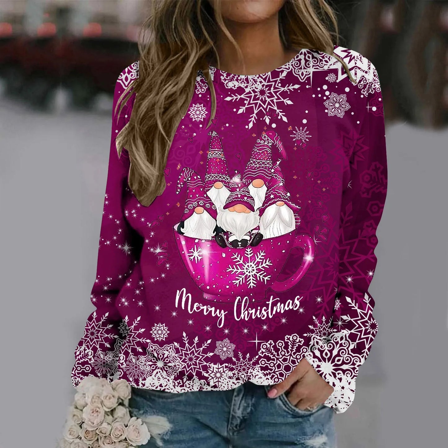 Zorana | Cálido jersey con escote redondo y estampado Merry Christmas para mujer